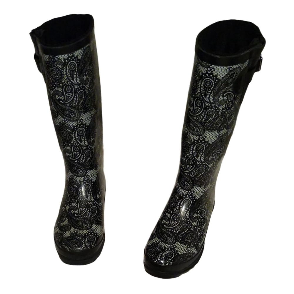 Black and white rain boots